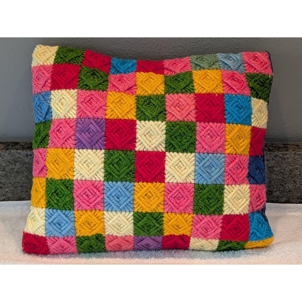 Vintage Handmade Crochet Throw Pillow Granny Core Patch Knit Multicolor Kitsch